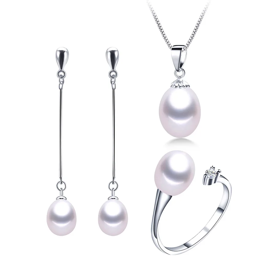 Dainashi 2021 Genuine Freshwater Drop Shape Pear 8-9mm Earrings&Ring&Pendant Fine Jewelry Set With 925 Sterling Silver Chain