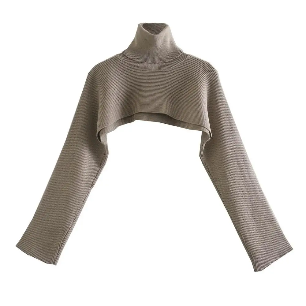 

Casual Coffee Knit Turtleneck Sexy Women Cropped Tops Sweaters Flare Long Sleeve Pullover Female Shawl Sweater Loose Short Top