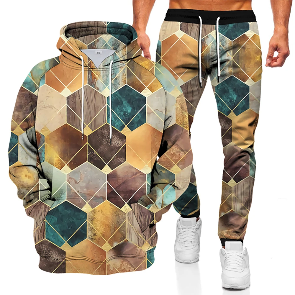 

3D printing fashion hoodie men's casual diamond sweater hoodie + pants two-piece sportswear trendy sweater set