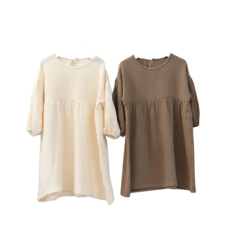 

Simple Kids Girls Soft Home Wear Solid Mid-Calf Length Nightgowns Little Princess Full Sleeves Pure Cotton Night Dress Plus Size