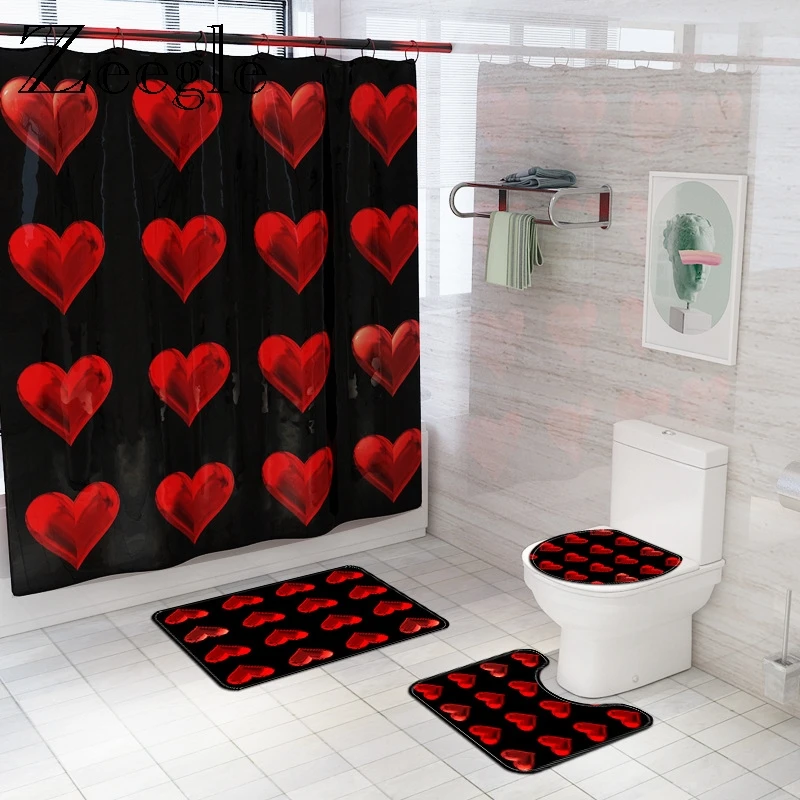 

Romantic Love Hearts Bath Mat and Shower Curtain Set Absorbent Bathroom Floor Carpet Bath Foot Mat Flannel Bath Foot Rug