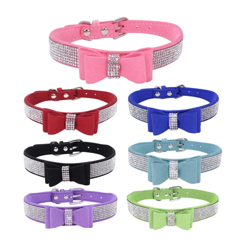 

XXS~L Size Glitter Rhinestone Puppy Cat Collars Adjustable Leather Bowknot Dog Collars for Small Medium Dogs Cats Chihuahua Pug