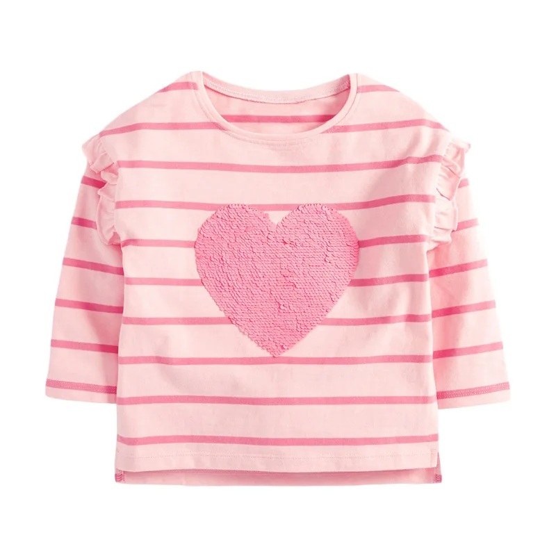 

Little maven Girls T-shirt Autumn Strips Sequins Love Heart Casual Buttons Round Neck for Long Sleeve Pink Clothes 2-7years