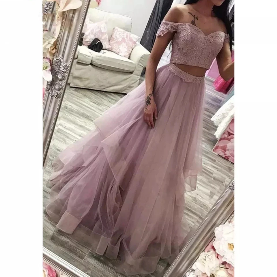 

Pink Two Pieces Prom Dresses Off The Shoulder Long Evening Gowns For Women Formal Party Elegant Ruffles Graduation Dress 2021