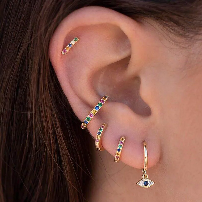 Серьги кольца женские из серебра 100% пробы с радужным разноцветным