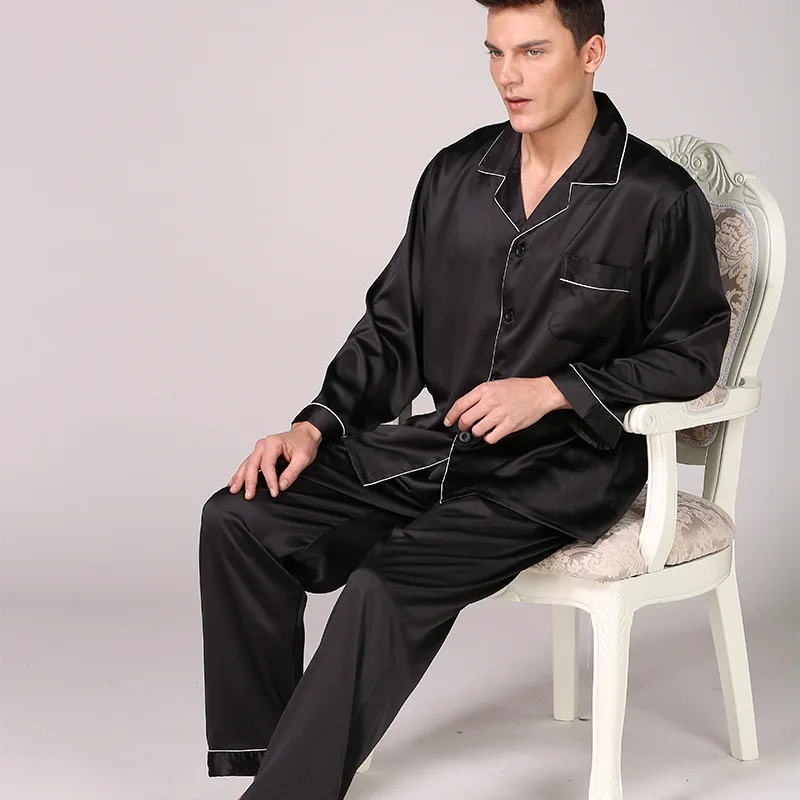 Sleepwear Men Black Nightwear Long Sleeve Pajamas Sleeping Suit for Men Housewear Silk Pajamas for Men Sleepwear Mens Pajama Set