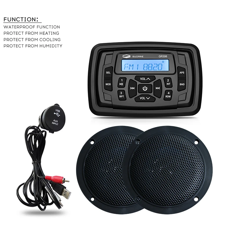 Marine Stereo Radio Audio FM AM Sound System Boat Bluetooth Receiver MP3 Car Player+4 Inch Marine Speakers+USB Boat Audio Cable Marine Stereo Radio Audio FM AM Sound System Boat Bluetooth Receiver MP3 Car Player+4 Inch Marine Speakers+USB Boat Audio Cable