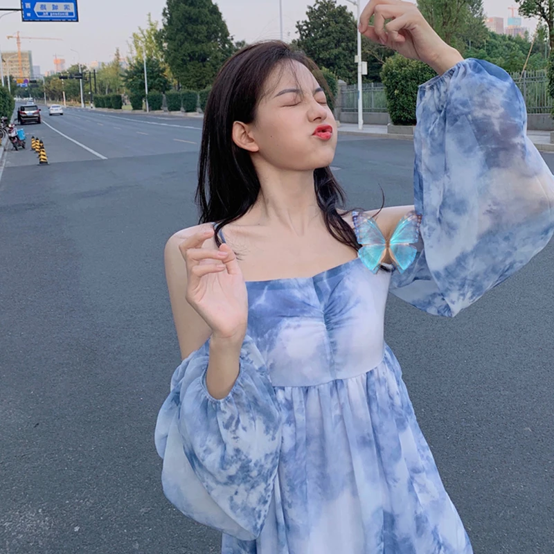 

2021 Summer Seaside Holiday Beach Skirt Female Super Fairy Strapless Neck Sling Short Skirt Travel Photo Dresses For Women