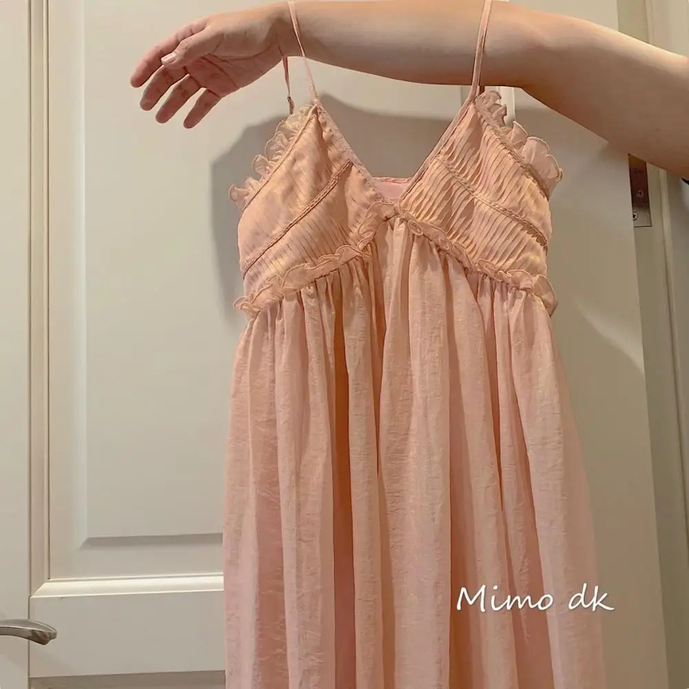 

V-neck sexy pink Lolita girls dress Sweet ruffle Cute palace summer Suspender dress loli Kawaii temperament woman long dres
