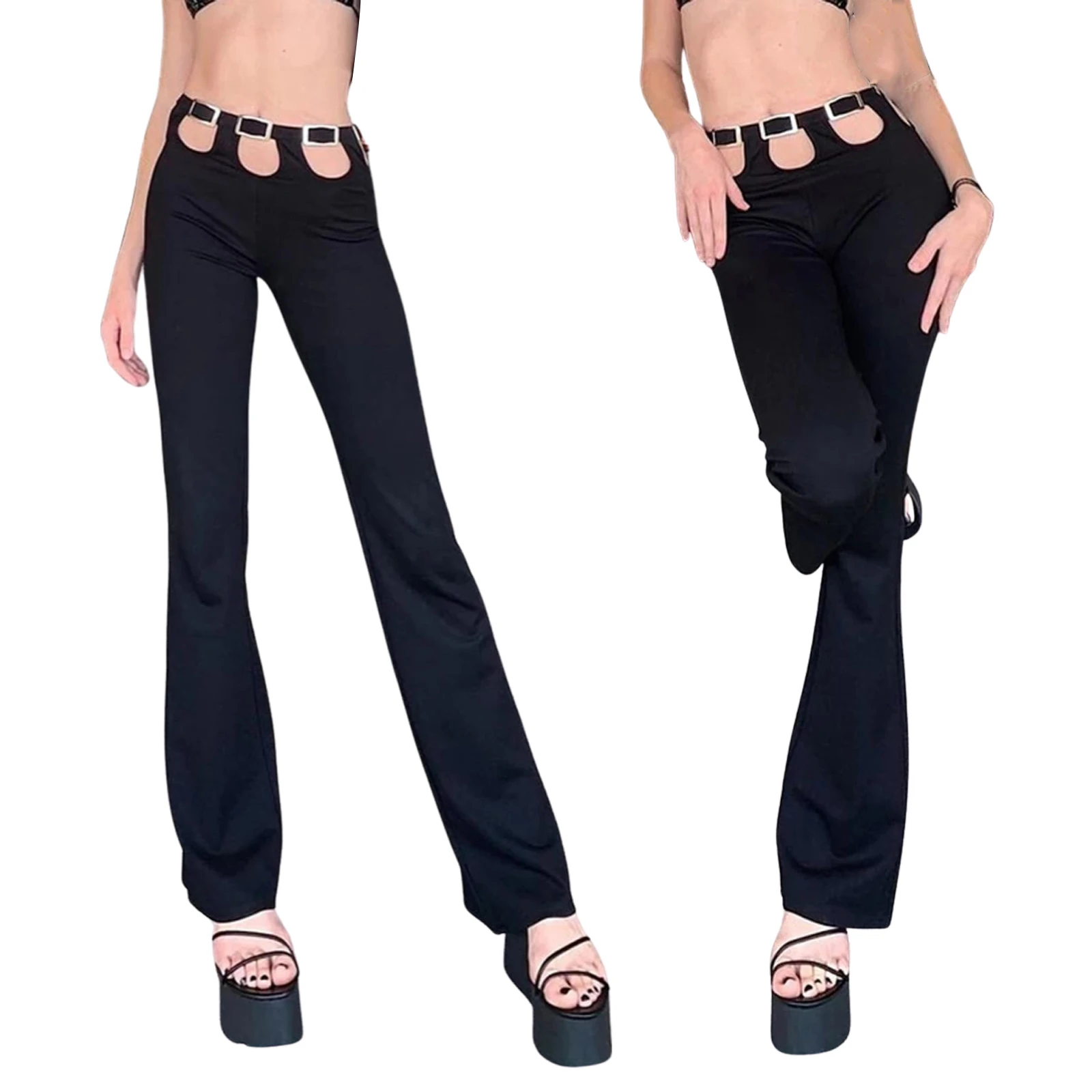 

Модные женские брюки для отдыха с низкой талией, летние сексуальные однотонные брюки для взрослых, черные ажурные расклешенные брюки на тал...