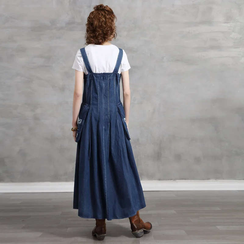

SeeBeautiful Vintage embroidery Loose A-line Denim strap Dress Sleeveless pockets New Fashion Summer 2021 Woman E273