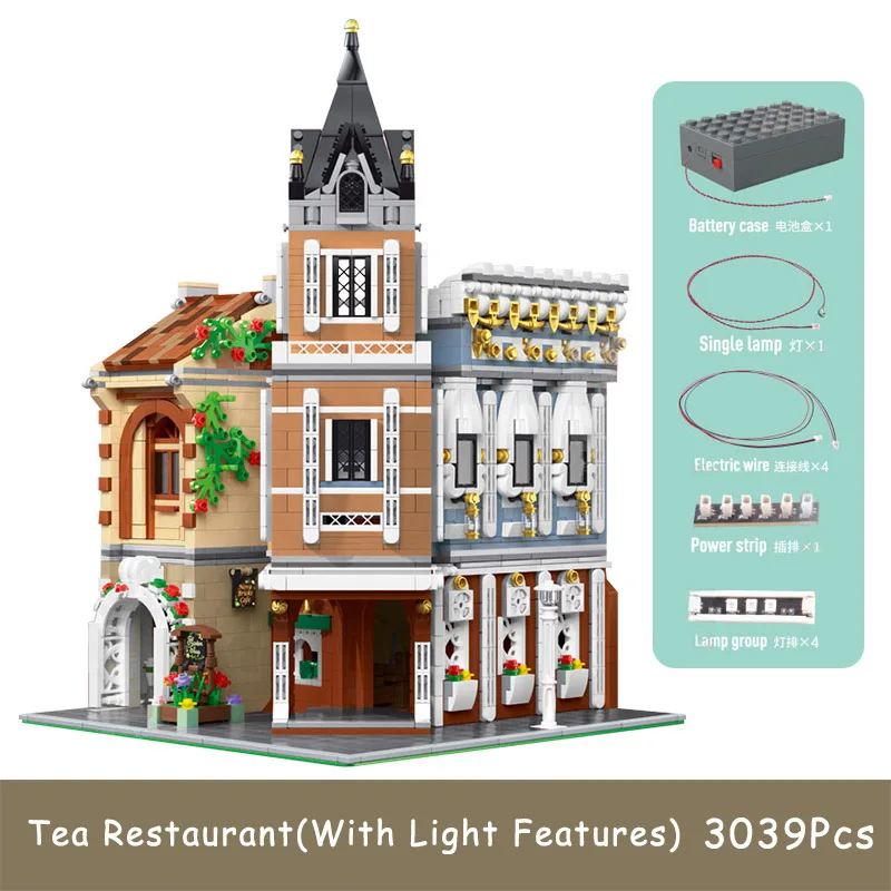 

3039Pcs Creative Building Block Bricks Afternoon Tea Restaurant With Light Features Street View Highly Authentic Detailing Toy