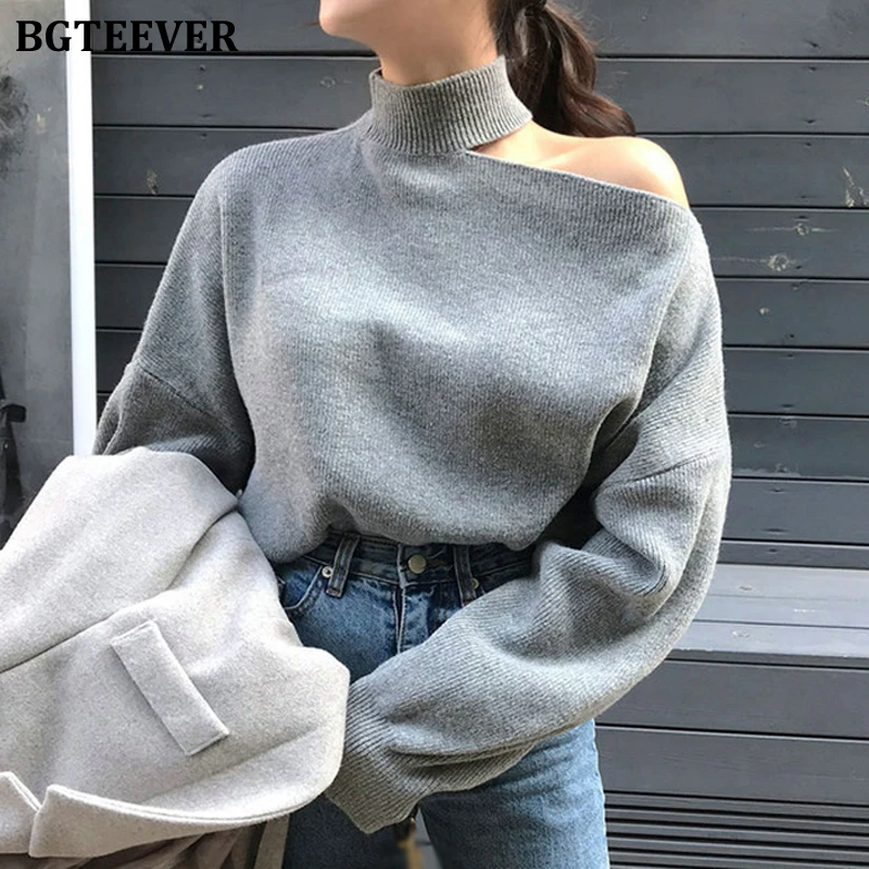 BGTEEVER Turtleneck Cold-shoulder Loose Women Knitted Pullover Winter Casual Solid Female Sweater Jumpers Femme Knit Tops 2020 | Женская