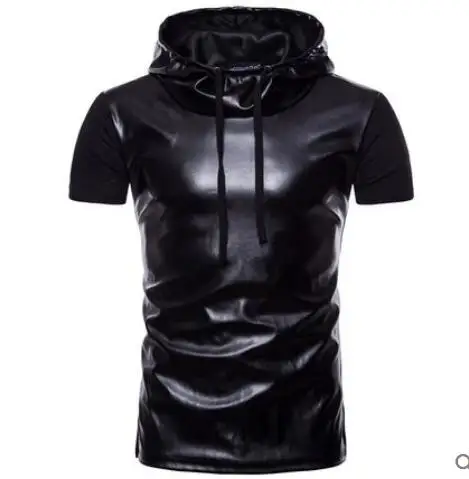 

2021 fashion personality spring and summer men's short-sleeved T-shirt with hooded stitching PU T-shirt
