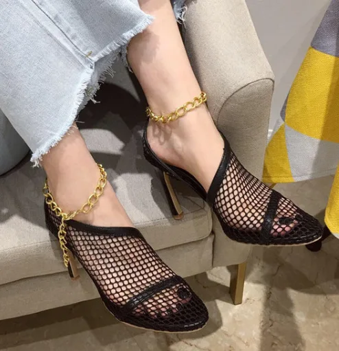 

Lace Mesh Stiletto High Heel Women Shoes New Pointed Toe Small Fragrant Wind Metal Decoration Sexy Banquet High Sandals Women