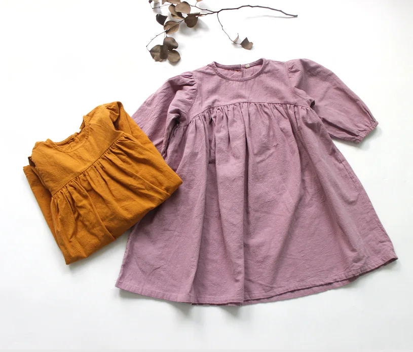 Autumn Winter New Korean Style Baby Girls Cotton Linen Dress Pure Color Loose Children Dresses Kids Robe | Детская одежда и обувь