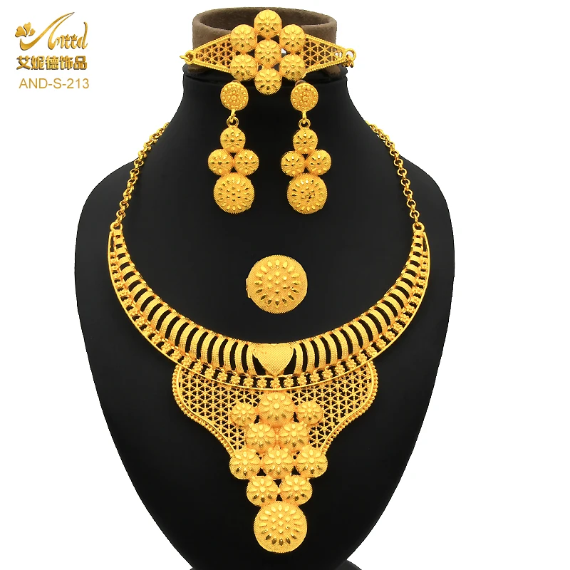 Indische Schmuck Sets 24K Gold Überzogene Braut Afrikanische Halskette Armbänder Ohrring Ring Set Frau Brautjungfer Geschenk Schmuck Dubai