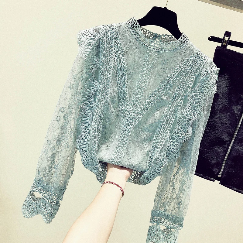 2021 летняя Новинка кружевная женская блузка и рубашки Водолазка синяя прозрачная