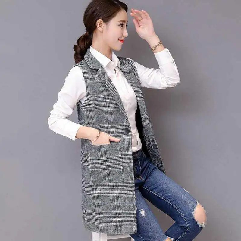 Oversize XXXL Fashion Women Casual Turn-down Collar Plaid Long Pocket Blazer Outwear Slim Quality Elegant Office Clothing Autumn