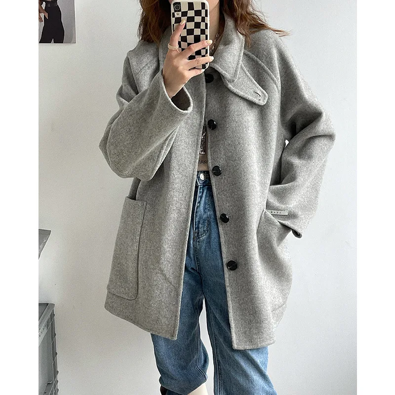 

Женское двубортное шерстяное пальто, короткое Двустороннее пальто ручной работы из 2021-ной шерсти, однобортное Свободное пальто в Корейском...