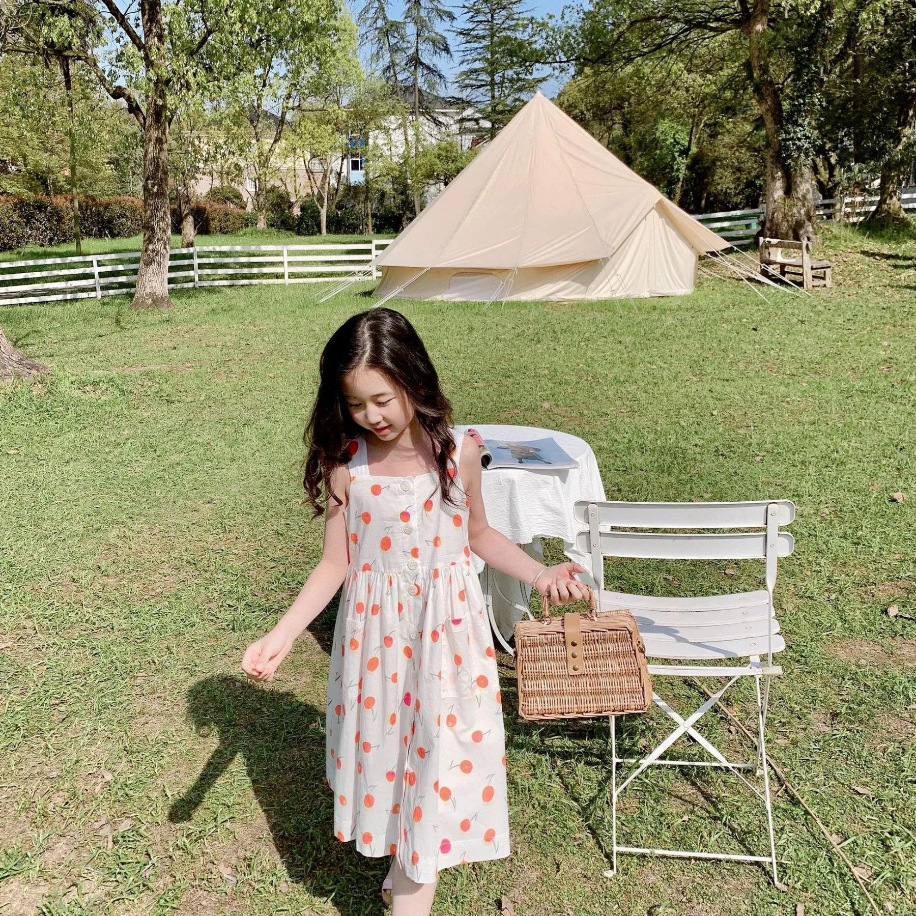 

Pre-sale 4.28 baby Girls dress cotton summer clothes orange pink Classic cherry pattern printing sling dress