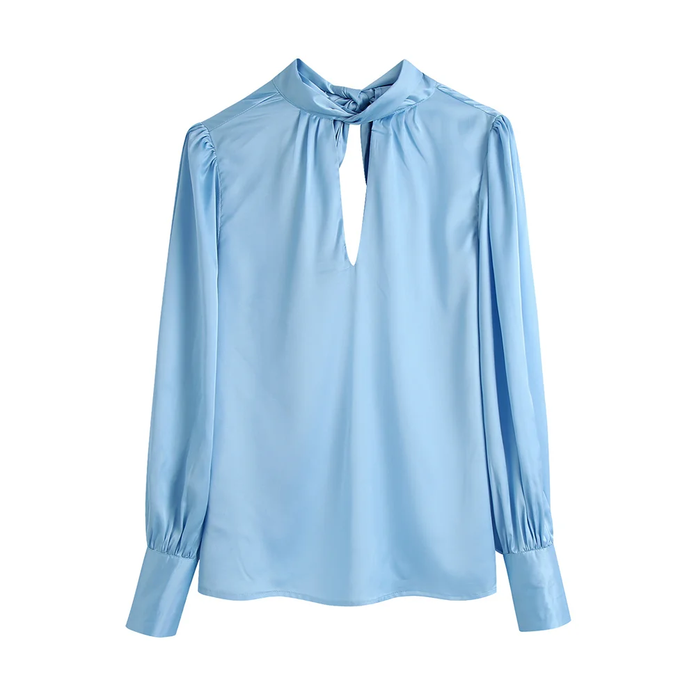 

BLSQR Light Blue Bow Blouse Women O-neck Hollow Out Elegant Pleated Shirt Lady Vintage Chic Casual Tops Female