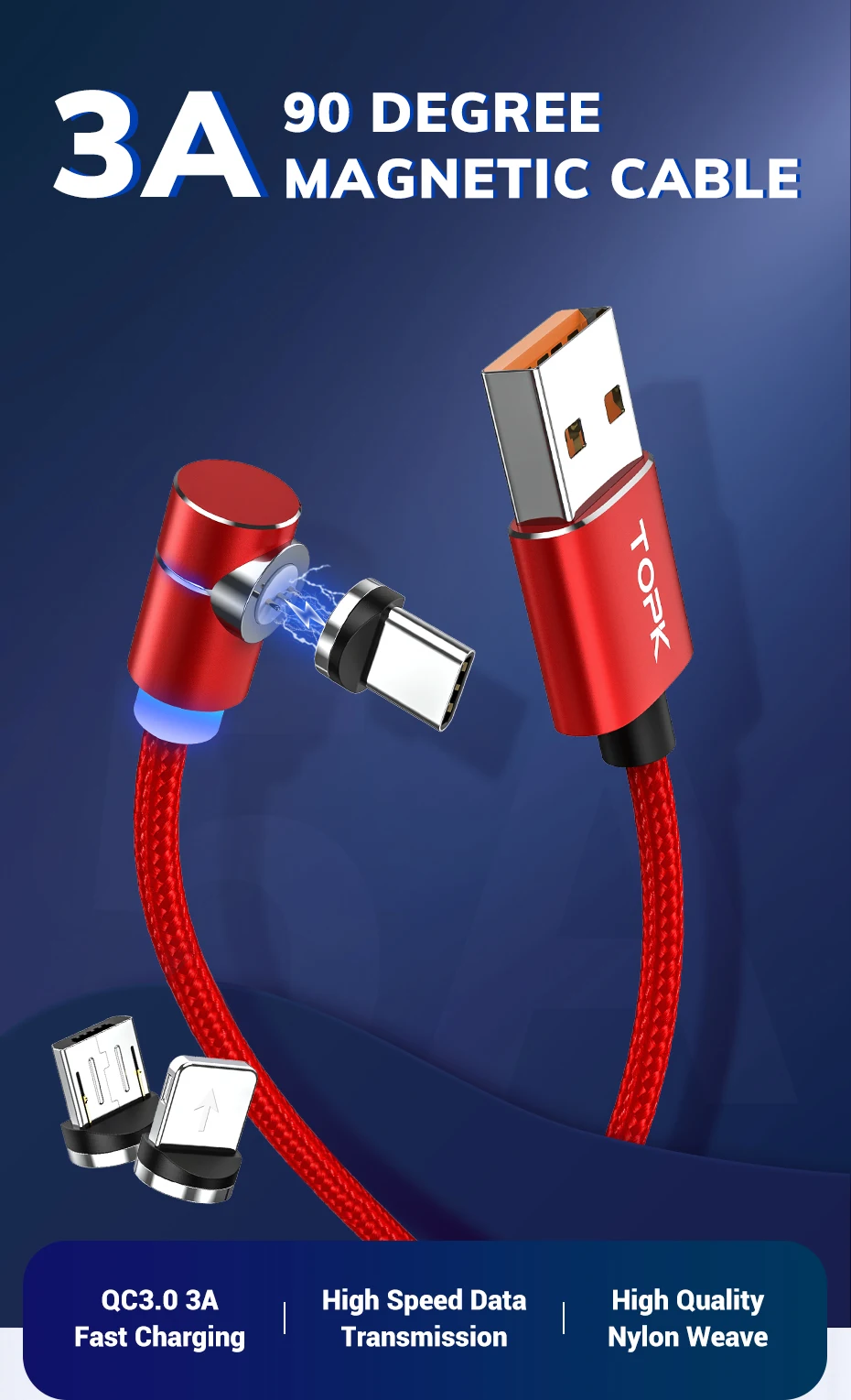 Магнитный usb-кабель TOPK 3A для быстрой зарядки, кабель USB type-C для iPhone, samsung, Xiaomi, huawei, кабель Micro usb типа L