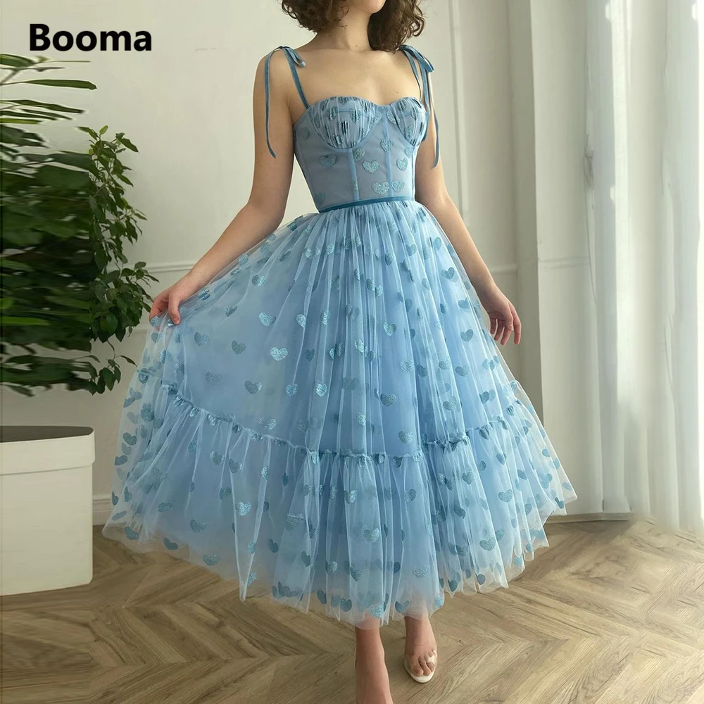 

Booma Baby Blue Hearty Tulle Prom Dresses Spaghetti Straps Sweetheart Midi Prom Gowns Tea-Length A-Line Formal Party Dresses