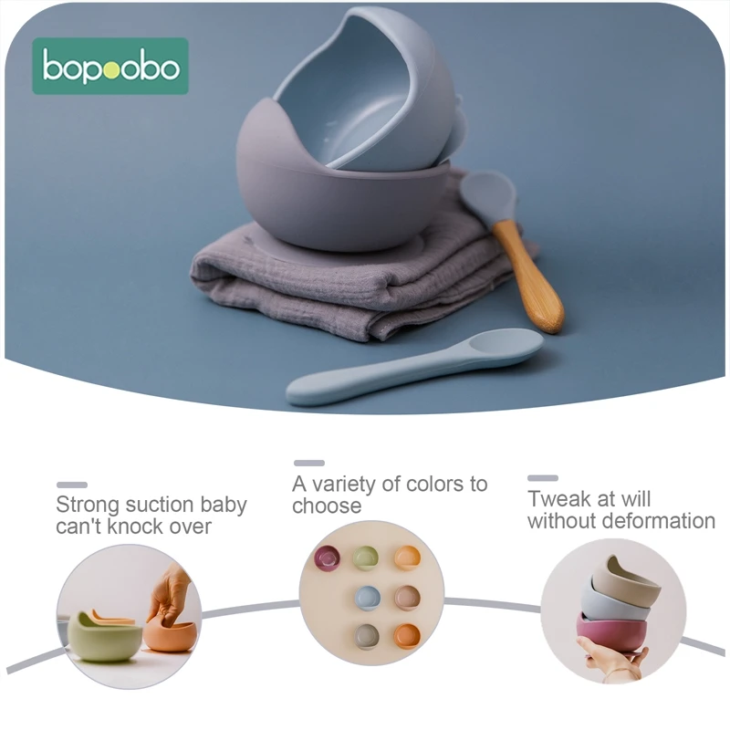 Bopoobo-Silicone Baby Feeding Bowl para crianças, talheres,