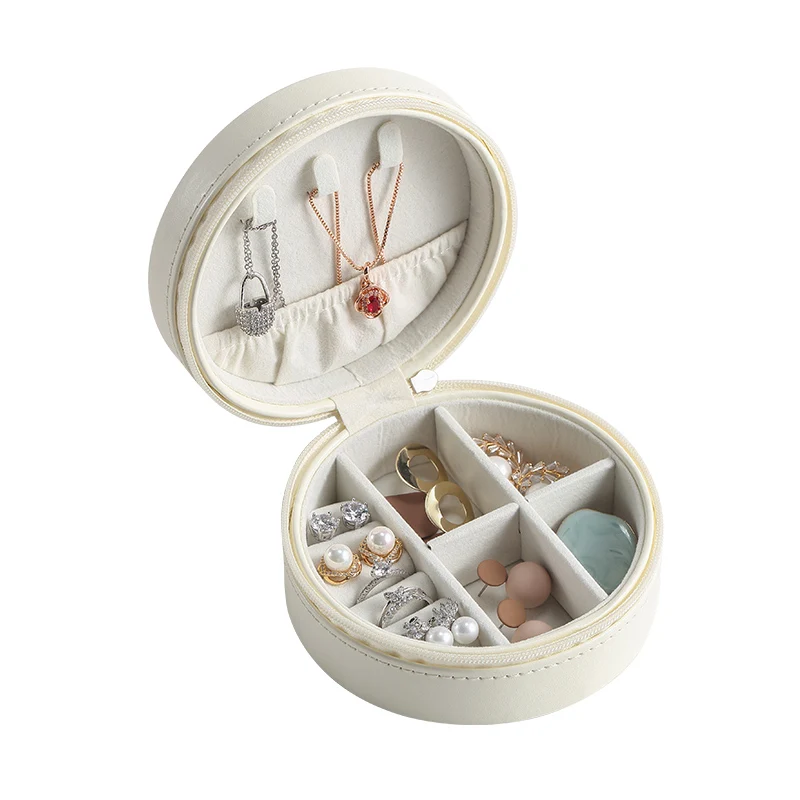 

Casegrace Travel PU Leather Round Jewelry Box Organizer Portable Small Mini Earring Necklace Ring Jewellery Storage Case Casket