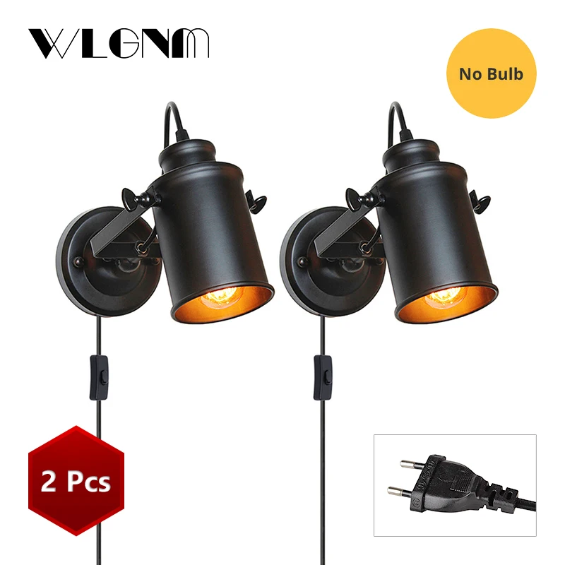 Black 2Pcs EU Plug Винтажный настенный светильник, промышленный настенный светильник, штекер с кнопочным выключателем, настенный светильник в стиле ретро, светильник для спальни, гостиной, прохода - Цвет абажура: Black 2Pcs EU Plug