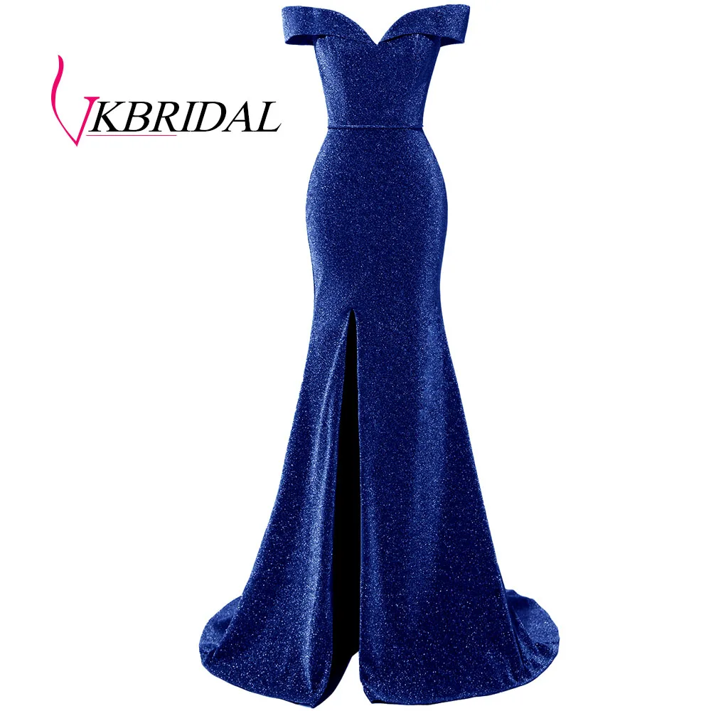royal blue VKBRIDAL серое вечернее платье с открытыми плечами сексуальное блестящее платье с разрезом для выпускного вечера - Цвет: royal blue