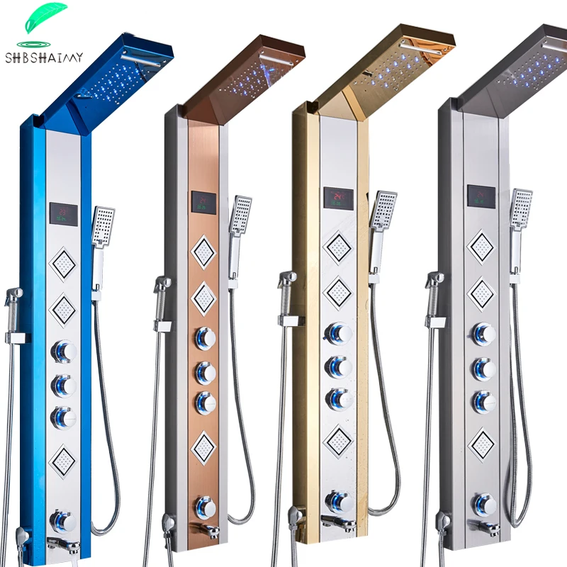 

SHBSHAIMY Black Stainless Steel Shower Set Faucet LED Blue Shower Panel Multiunfction 6 Water OutletS Jet and Bidet Shower Mixer