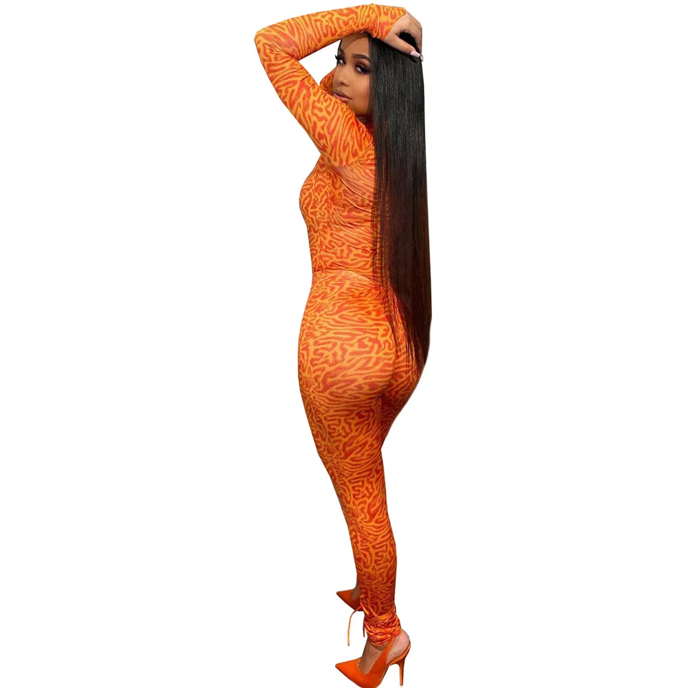 

Sexy Orange Print Bodycon 2 Piece Sweatsuits Women's Sets Long Sleeve Slim Fit Tshirts and Skinny Legging Birthday Club Outfits