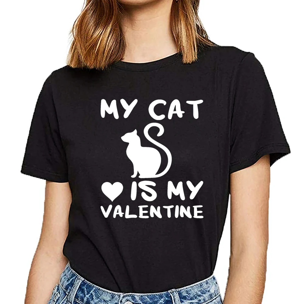 

Женская хлопковая футболка с надписью «my cat is my valentine»