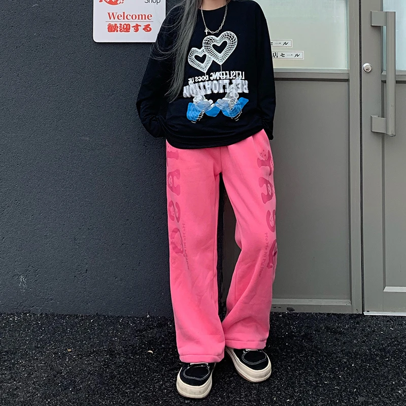 

Women Casual Velvet Pants Winter Lady's Letter Printed Thicken Pants Women's Clothing Lace-up Elastic High Waist Long Trousers