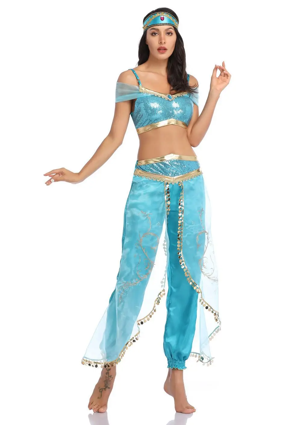 Jasmine Costume Helloween Party Princess Dress Fancy Clothing Set Top Pants Headband Kids Adult laddin the Magic Lamp | Тематическая