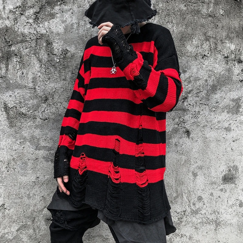 

Свитер мужской в полоску, винтажный трикотажный оверсайз свитер в стиле хип-хоп, красно-черный, с рваными дырками, в стиле панк, Осень-зима
