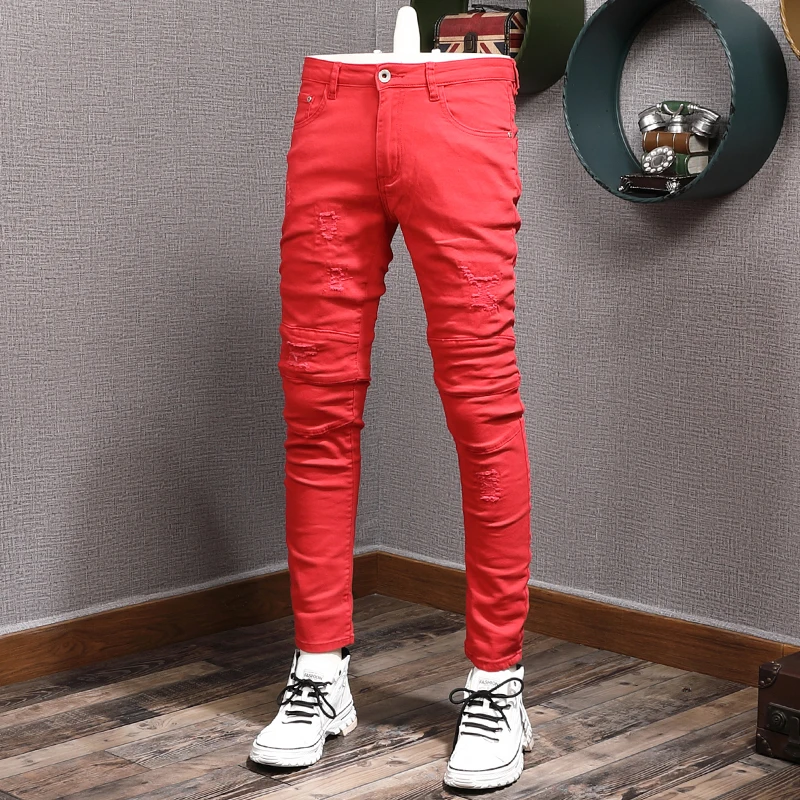 Модные мужские джинсы в американском уличном стиле, эластичные облегающие рваные джинсы, Мужские корейские дизайнерские брюки-карандаш из ...