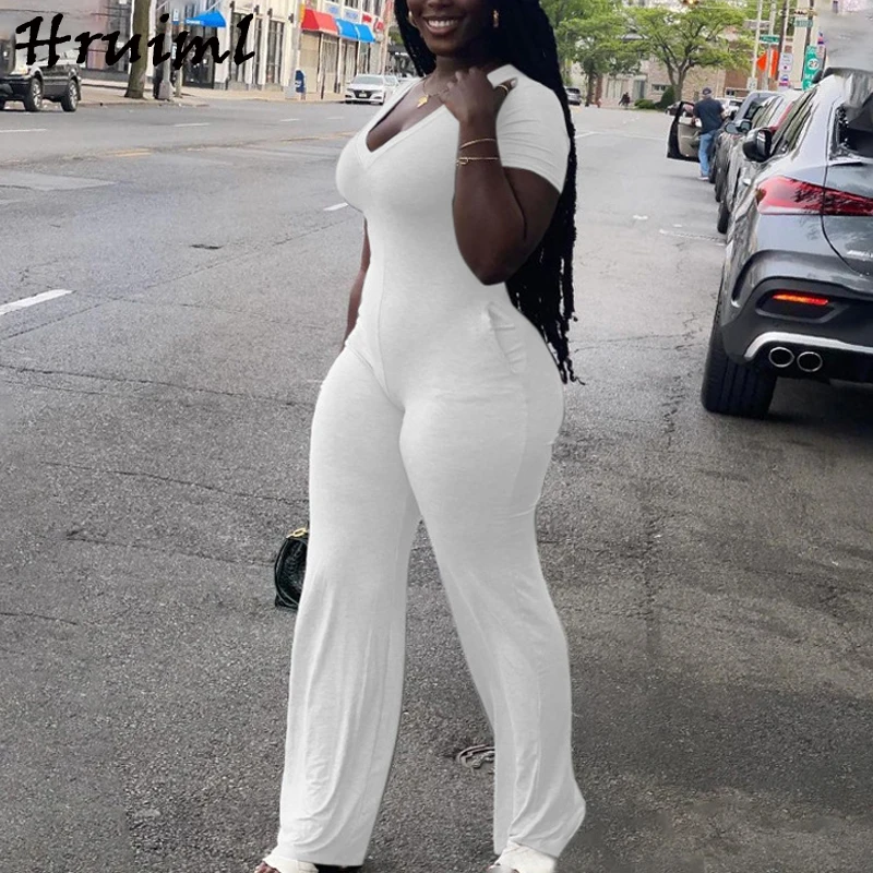 

Wholesale Jumpsuit Women Short Sleeve Solid Color Pockets Summer Woman Jumpsuit V Neck Knitted Elegant Casual One Piece Outfit