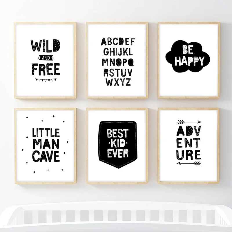

Nursery Wall Art Canvas Painting Black and White Adventure Be Wild and Free Quotes Posters and Baby Room Picture Prints Nordic