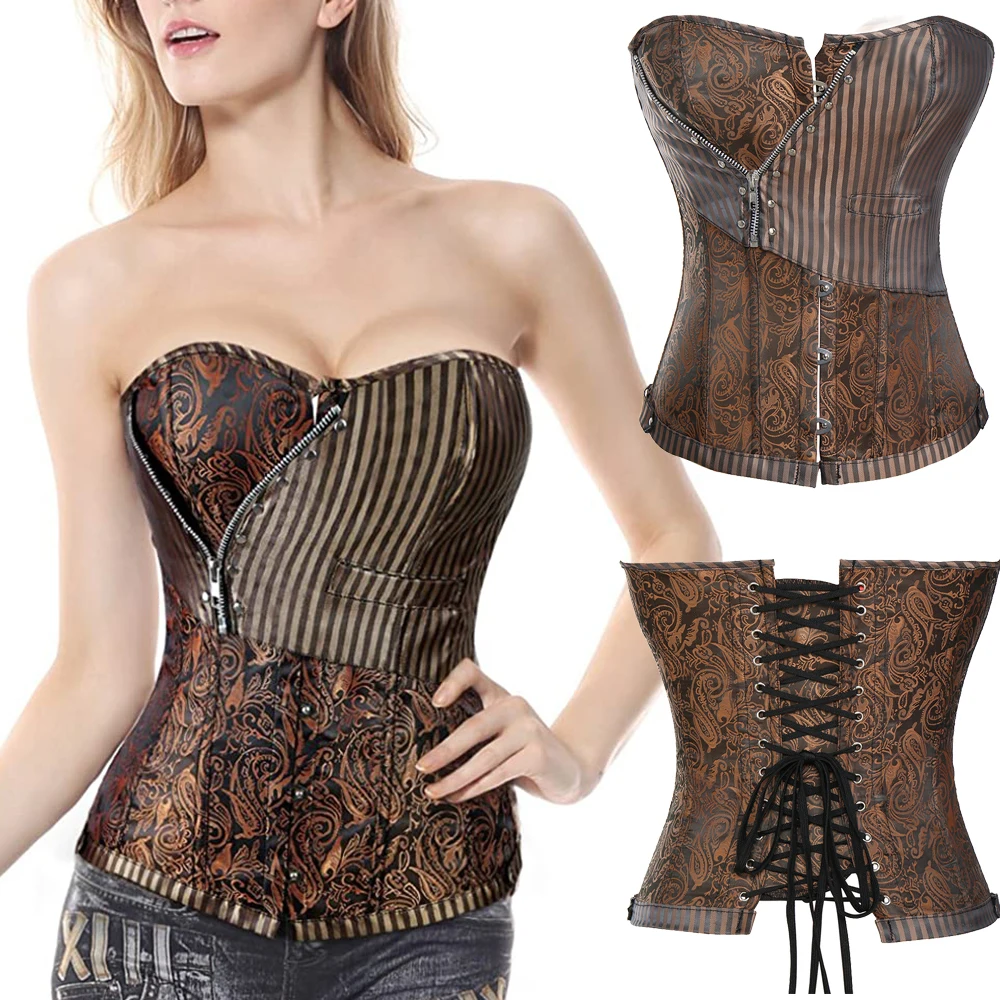 

Women's Steampunk Retro Brocade Victorian Stripe Boned Bustier Corset Waist Cincher Shaper Boned Satin Lace Up Bustier Top