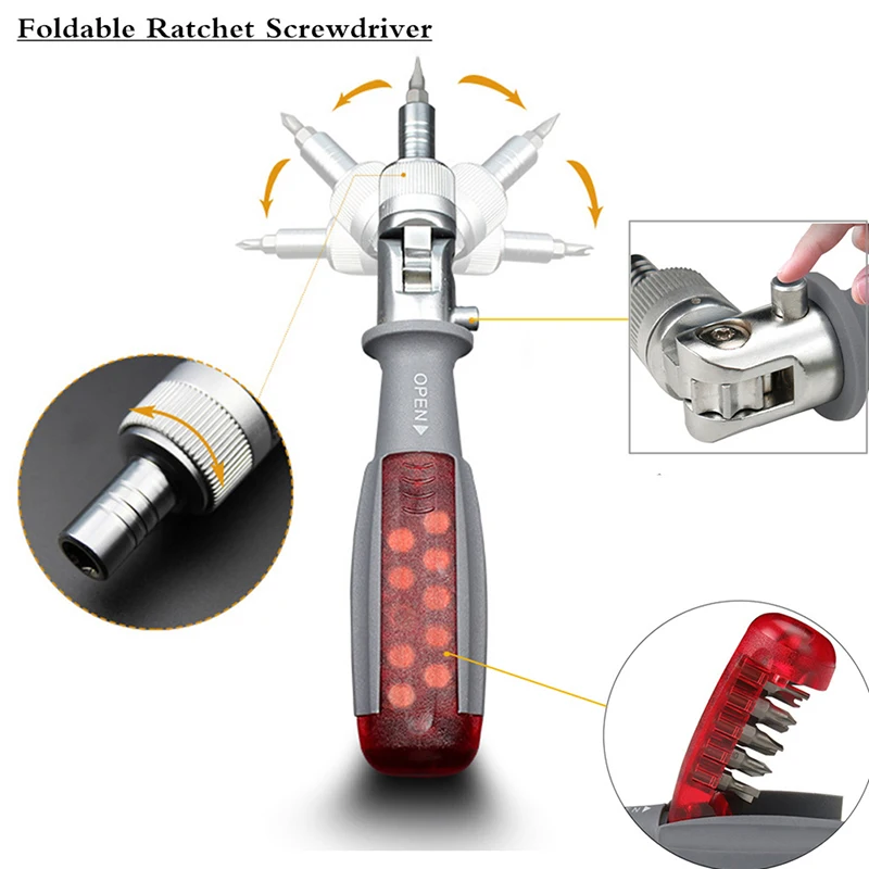 

1Set 11 In 1 180°Rotation Foldable Ratchet Screwdriver 1/4 Inch Inside Hexagon Adjustable Angle Convenient Household Repair Tool