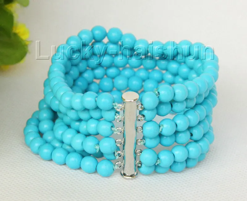 

8" 6row 6mm Round Sky-blue Turquoises Beads Strand Bracelet Magnet Clasp J10000