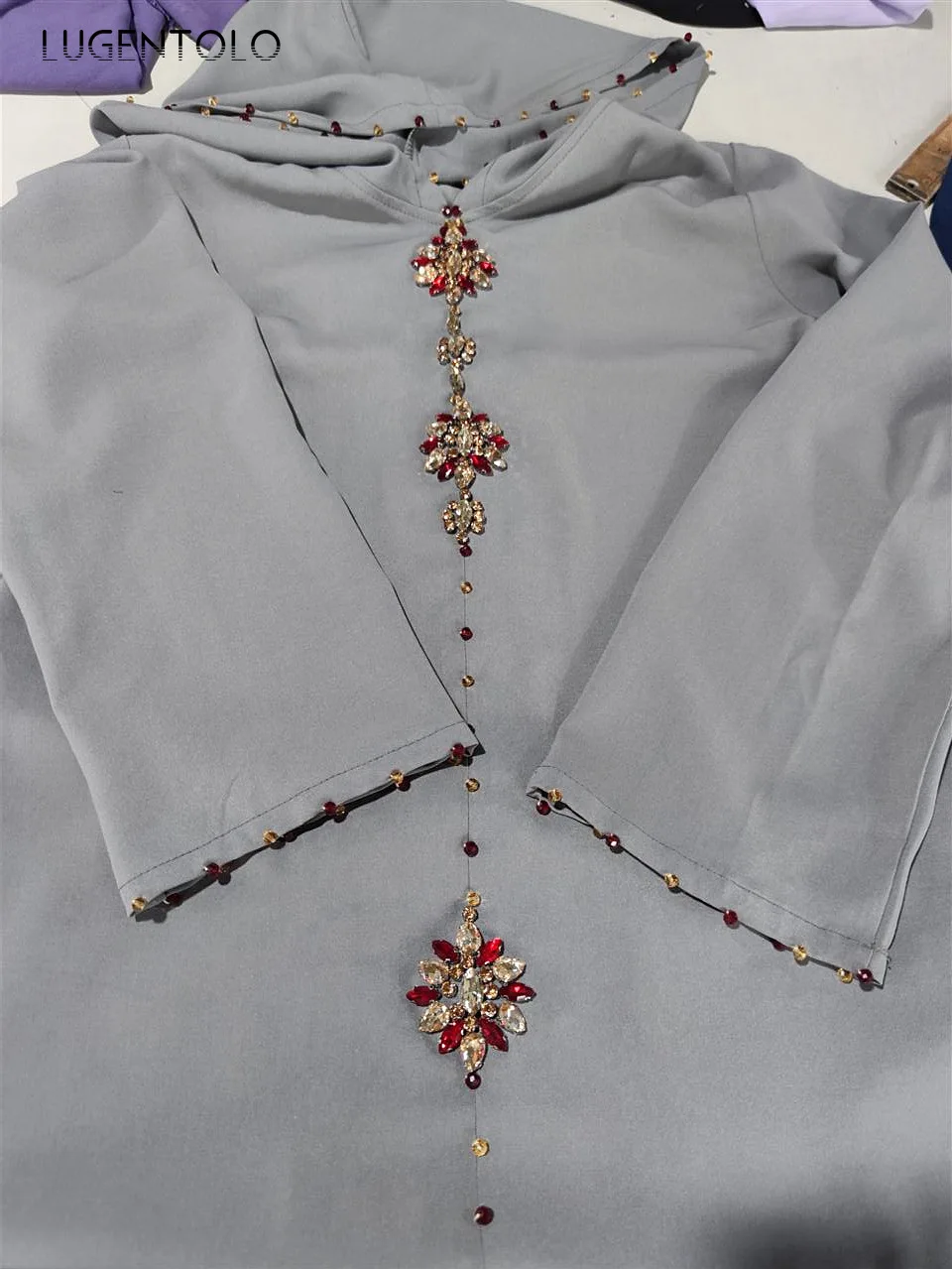 

Lugentolo Diamond Women Elegant Dress Hooded Luxury Party Fashion Muslim Hand Sewing Drill Dress Lady Solid Loose Casual Dress