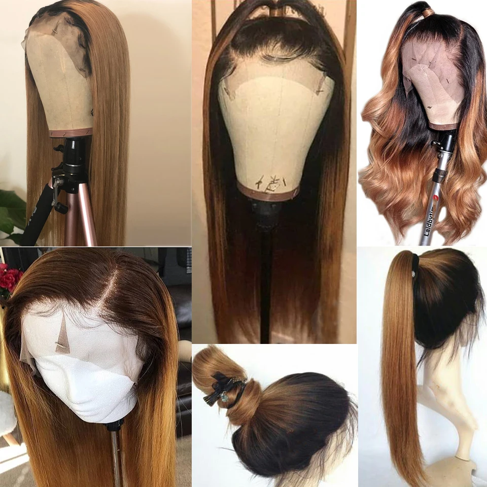 Blonde Ombre Straight Lace Front Wig 1B/27 Human Hair Wigs 13x4 Glueless Frontal Pre Plucked With Baby Remy | Шиньоны и парики