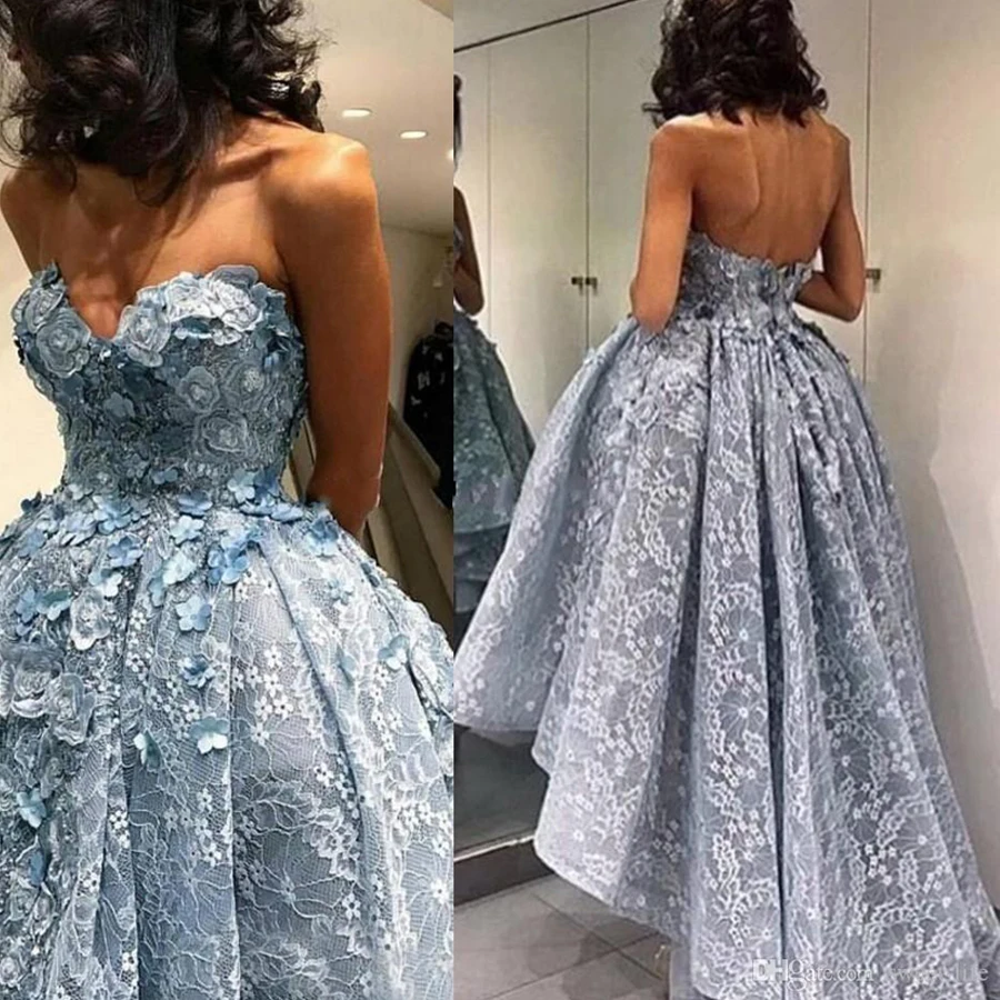 

High Quality Blue Sweetheart Full Lace High Low Evening Dresses With Handmade Flowers Special Occasion Long Party Dress robe