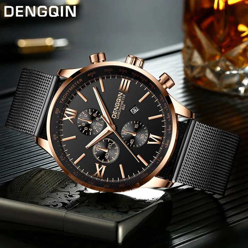 

DENGQIN Men Fashion Watches Stainless Steel Mesh Belt Mens Business Quartz Analog Date Wrist Watch For Man Gift Reloj Hombre
