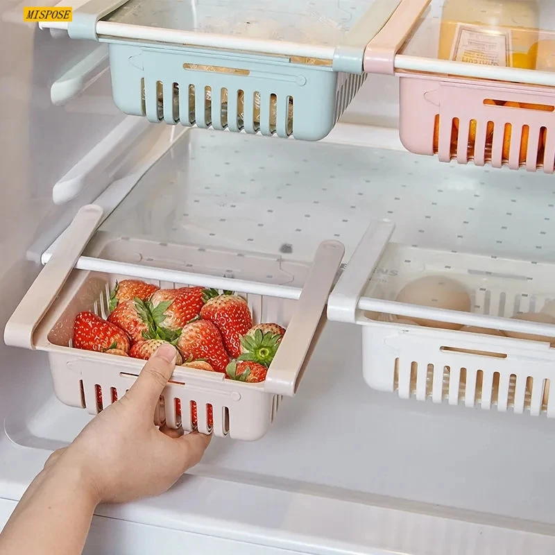 

Adjustable Kitchen Fridge Storage Rack Food Container Refrigerator Drawer Storage Boxes Rack Retractable Shelf Home Organizer