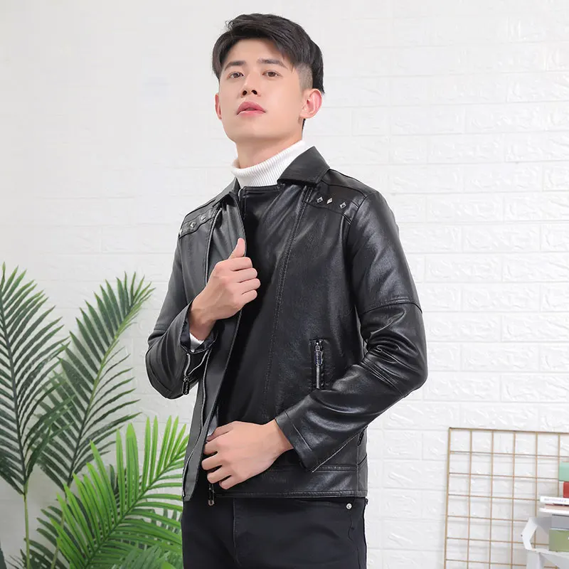 Мужская мотоциклетная куртка черная повседневная бомбер из ПУ кожи большие